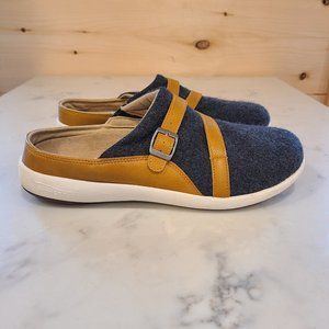 Women’s Blue Wool Mule Clogs with Tan Leather Trim